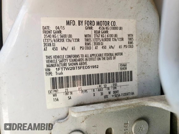 2015 Ford F-250 Lariat z VIN 1FT7W2BT5FED51952, wystawiony jako Copart lot #57121025 z przebiegiem 174 811 mil mil oraz Szkoda całkowita • Salvage title. Historia ofert i sprzedaży dostępna na DreamBid. Obrazek 13.