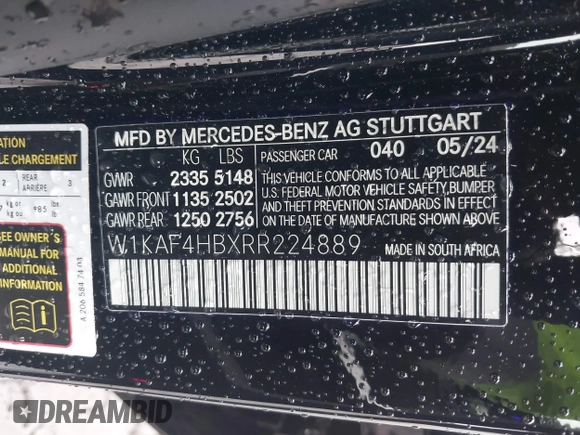 2024 Mercedes-Benz C 300 with VIN W1KAF4HBXRR224889, listed as a IAAI auction lot 42323821 with 7,092 mi miles and . Bid and sale history available at DreamBid. Image 9.
