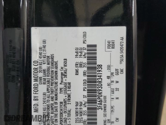 2013 Ford Fusion Titanium with VIN 3FA6P0K93DR341938, listed as a Copart auction lot 50598445 with 173,917 mi miles and Salvage Title. Bid and sale history available at DreamBid. Image 12.