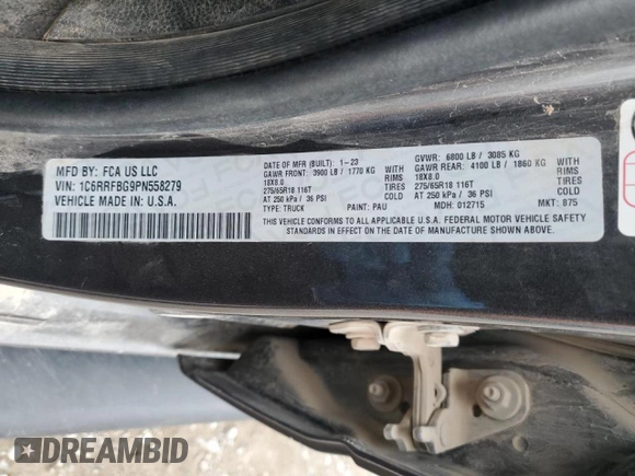 2023 Ram 1500 Big Horn with VIN 1C6RRFBG9PN558279, listed as a Copart auction lot 46972745 with 95,001 mi miles and Salvage Title. Bid and sale history available at carsss.com. Image 12.