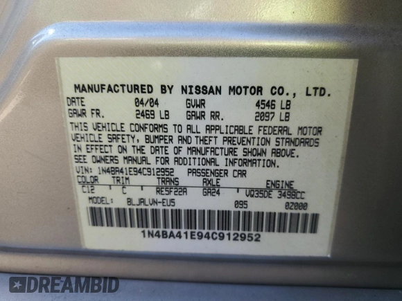 2004 Nissan Maxima SE with VIN 1N4BA41E94C912952, listed as a Copart auction lot 75243344 with 67,963 mi miles and Salvage Title. Bid and sale history available at carsss.com. Image 12.