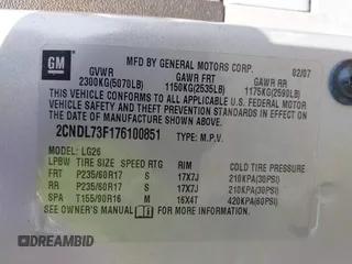 2007 Chevrolet Equinox LT z VIN 2CNDL73F176100851, wystawiony jako IAAI lot #42117225 z przebiegiem Nie podano mil oraz . Historia ofert i sprzedaży dostępna na DreamBid. Obrazek 9.