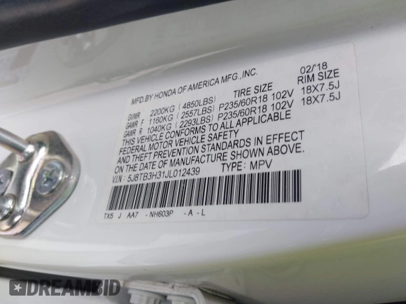 2018 Acura RDX with VIN 5J8TB3H31JL012439, listed as a IAAI auction lot 41565530 with 63,909 mi miles and . Bid and sale history available at DreamBid. Image 9.