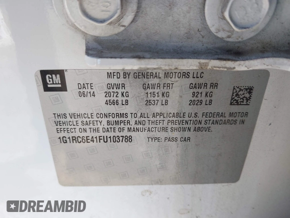 2015 Chevrolet Volt with VIN 1G1RC6E41FU103788, listed as a IAAI auction lot 41907904 with 64,659 mi miles and . Bid and sale history available at DreamBid. Image 9.