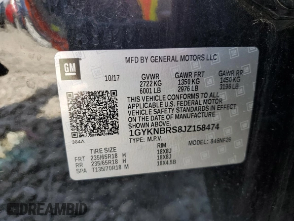 2018 Cadillac XT5 AWD with VIN 1GYKNBRS8JZ158474, listed as a Copart auction lot 50318515 with 95,970 mi miles and Salvage title. Bid and sale history available at DreamBid. Image 13.