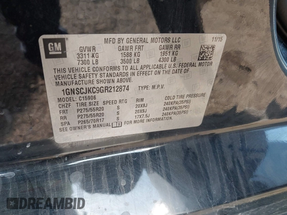 2016 Chevrolet Suburban LTZ with VIN 1GNSCJKC9GR212874, listed as a IAAI auction lot 41125926 with 82,714 mi miles and . Bid and sale history available at DreamBid. Image 9.