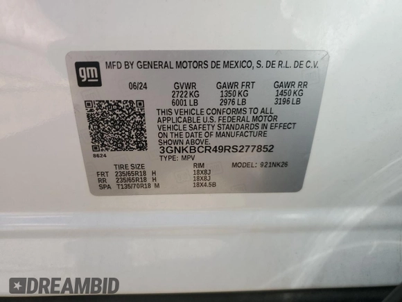 2024 Chevrolet Blazer LT z VIN 3GNKBCR49RS277852, wystawiony jako Copart lot #52954735 z przebiegiem 5 567 mil mil oraz Szkoda całkowita • Salvage title. Historia ofert i sprzedaży dostępna na DreamBid. Obrazek 14.