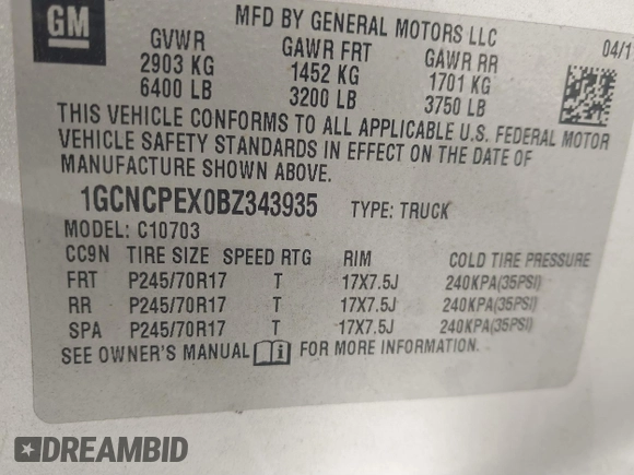 2011 Chevrolet Silverado 1500 Work Truck with VIN 1GCNCPEX0BZ343935, listed as a IAAI auction lot 41506240 with 290,568 mi miles and . Bid and sale history available at DreamBid. Image 9.