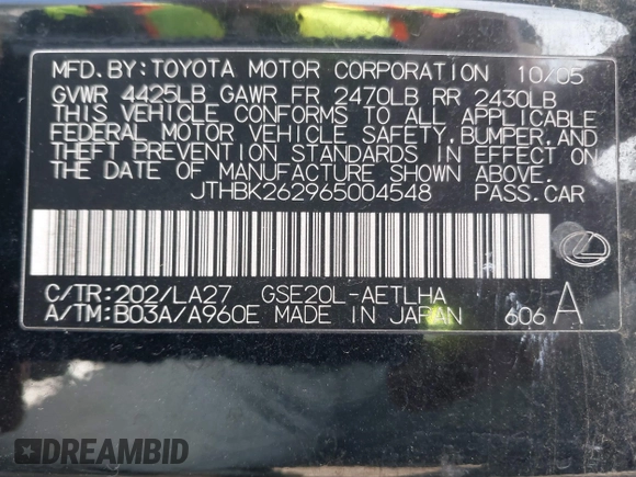 2006 Lexus IS 250 with VIN JTHBK262965004548, listed as a IAAI auction lot 42003962 with 261,584 mi miles and . Bid and sale history available at DreamBid. Image 9.