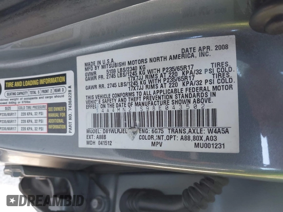 2008 Mitsubishi Endeavor LS with VIN 4A4MN21S98E043502, listed as a IAAI auction lot 41783447 with 114,394 mi miles. Bid and sale history available at carsss.com. Image 9.