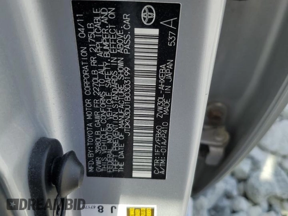 2011 Toyota Prius I with VIN JTDKN3DU1B0303199, listed as a Copart auction lot 53862545 with 172,914 mi miles and Salvage Title. Bid and sale history available at DreamBid. Image 12.