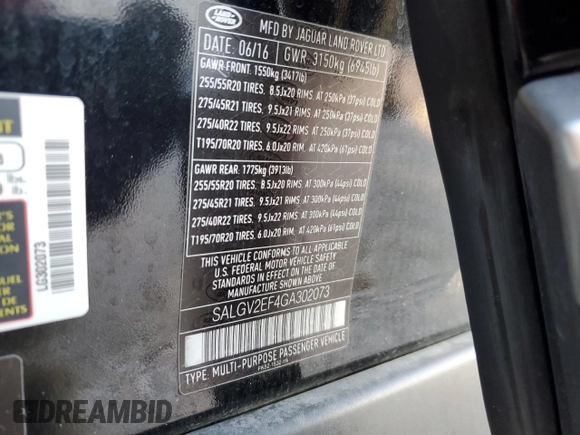 2016 Land Rover Range Rover Autobiography with VIN SALGV2EF4GA302073, listed as a Copart auction lot 86254564 with 140,140 mi miles and Salvage Title. Bid and sale history available at DreamBid. Image 13.