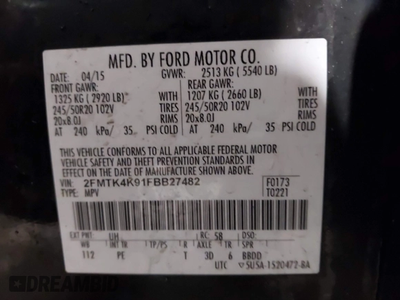 2015 Ford Edge Titanium z VIN 2FMTK4K91FBB27482, wystawiony jako IAAI lot #41919347 z przebiegiem 177 268 mil mil oraz . Historia ofert i sprzedaży dostępna na DreamBid. Obrazek 9.