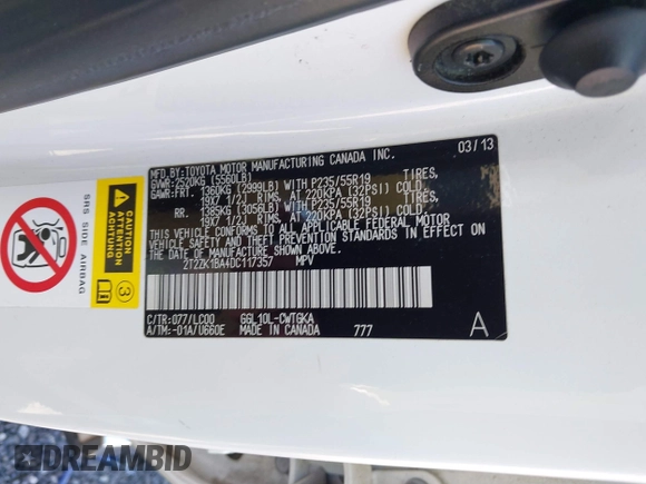 2013 Lexus RX 350 with VIN 2T2ZK1BA4DC117357, listed as a IAAI auction lot 41709507 with 191,974 mi miles and . Bid and sale history available at DreamBid. Image 9.