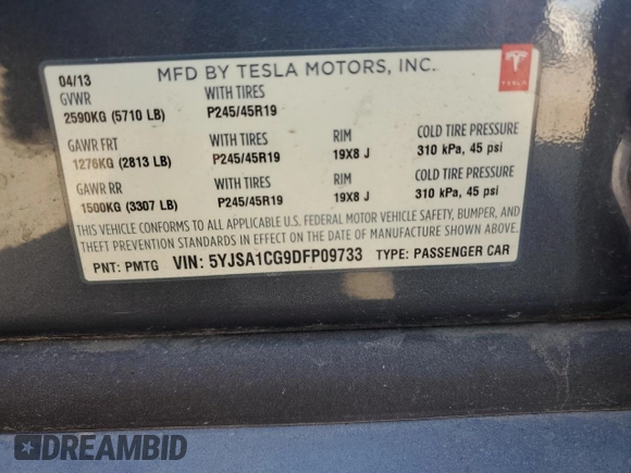 2013 Tesla Model S with VIN 5YJSA1CG9DFP09733, listed as a Copart auction lot 87739005 with 88,163 mi miles and Salvage title. Bid and sale history available at DreamBid. Image 12.