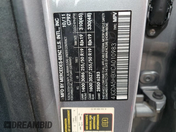 2012 Mercedes-Benz M 350 with VIN 4JGDA5HBXCA010983, listed as a Copart auction lot 59194555 with 196,667 mi miles and Clean title. Bid and sale history available at DreamBid. Image 12.