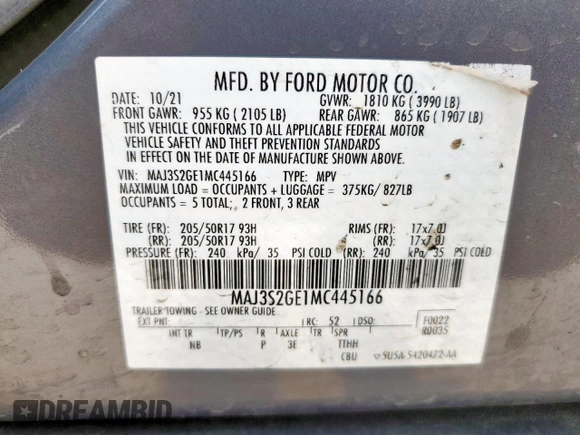 2021 Ford EcoSport SE z VIN MAJ3S2GE1MC445166, wystawiony jako Copart lot #52689155 z przebiegiem 66 281 mil mil oraz Czysty tytuł • Clean title. Historia ofert i sprzedaży dostępna na DreamBid. Obrazek 14.