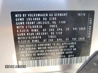 2017 Volkswagen Tiguan S with VIN WVGAV7AX3HK008793, listed as a Copart auction lot 54086385 with 82,400 mi miles and Salvage Title. Bid and sale history available at DreamBid. Image 14.