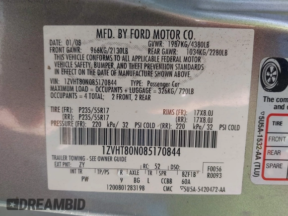 2008 Ford Mustang Deluxe with VIN 1ZVHT80N085170844, listed as a IAAI auction lot 41673185 with 274,392 mi miles. Bid and sale history available at carsss.com. Image 9.
