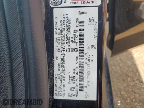2017 Ford Fiesta S with VIN 3FADP4AJ2HM102376, listed as a Copart auction lot 54703685 with 87,459 mi miles and Salvage title. Bid and sale history available at DreamBid. Image 12.