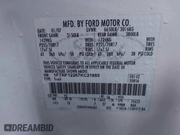 2007 Ford F-150 XL with VIN 1FTRF12267KC21885, listed as a IAAI auction lot 41278787 with 50,306 mi miles and . Bid and sale history available at DreamBid. Image 9.