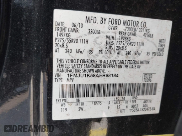 2010 Ford Expedition Limited with VIN 1FMJU1K58AEB68184, listed as a IAAI auction lot 42693662 with 176,481 mi miles and . Bid and sale history available at DreamBid. Image 9.