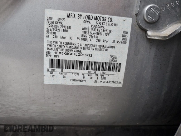 2020 Ford Explorer ST with VIN 1FM5K8GC7LGD16792, listed as a Copart auction lot 53355285 with 47,263 mi miles and Salvage Title. Bid and sale history available at DreamBid. Image 13.