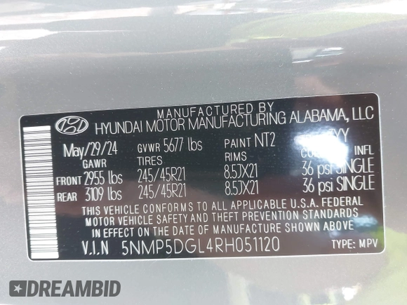 2024 Hyundai Santa Fe Calligraphy with VIN 5NMP5DGL4RH051120, listed as a IAAI auction lot 42026572 with 7,294 mi miles and . Bid and sale history available at DreamBid. Image 9.