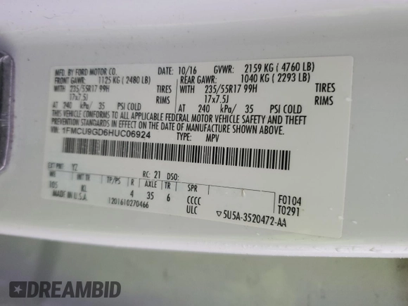 2017 Ford Escape SE with VIN 1FMCU9GD6HUC06924, listed as a Copart auction lot 43090395 with 151,236 mi miles and Clean Title. Bid and sale history available at DreamBid. Image 13.