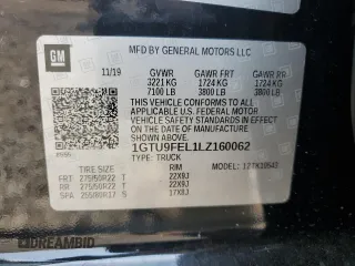 2020 GMC Sierra 1500 Denali with VIN 1GTU9FEL1LZ160062, listed as a Copart auction lot 59551395 with 106,223 mi miles and Salvage title. Bid and sale history available at DreamBid. Image 12.