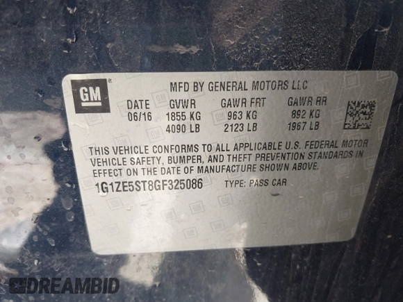 2016 Chevrolet Malibu LT with VIN 1G1ZE5ST8GF325086, listed as a IAAI auction lot 42120093 with 53,502 mi miles and . Bid and sale history available at DreamBid. Image 9.