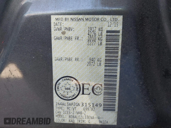 2016 Nissan Altima S with VIN 1N4AL3AP2GN315149, listed as a IAAI auction lot 41822422 with 111,189 mi miles and . Bid and sale history available at carsss.com. Image 9.