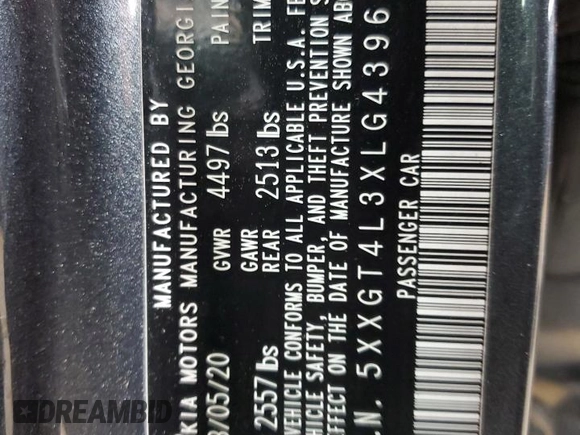 2020 Kia Optima LX with VIN 5XXGT4L3XLG439650, listed as a Copart auction lot 57355505 with Not provided miles and Salvage title. Bid and sale history available at DreamBid. Image 12.
