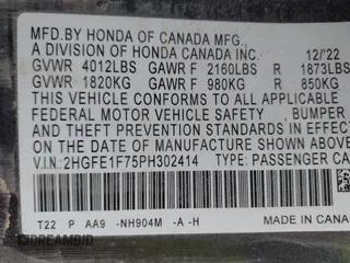2023 Honda Civic EX with VIN 2HGFE1F75PH302414, listed as a IAAI auction lot 42680807 with 49,520 mi miles and . Bid and sale history available at DreamBid. Image 9.