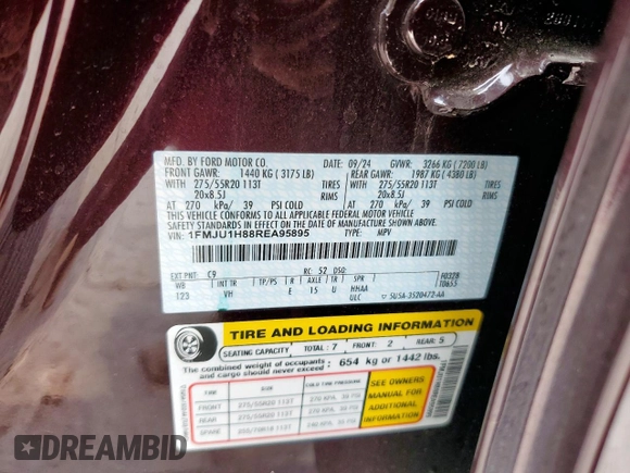 2024 Ford Expedition XLT with VIN 1FMJU1H88REA95895, listed as a Copart auction lot 58021865 with 4,403 mi miles and Salvage title. Bid and sale history available at DreamBid. Image 13.