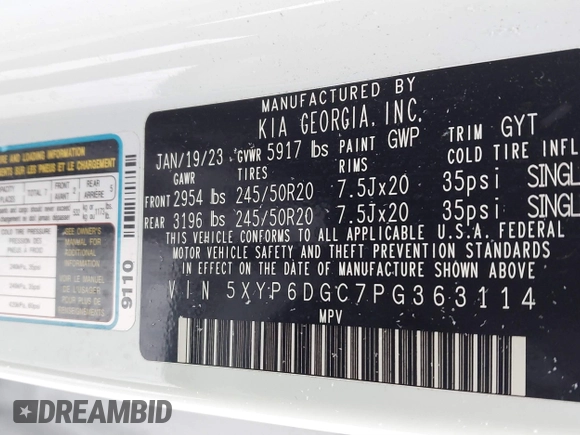 2023 Kia Telluride S with VIN 5XYP6DGC7PG363114, listed as a IAAI auction lot 41260043 with 49,499 mi miles and . Bid and sale history available at DreamBid. Image 9.