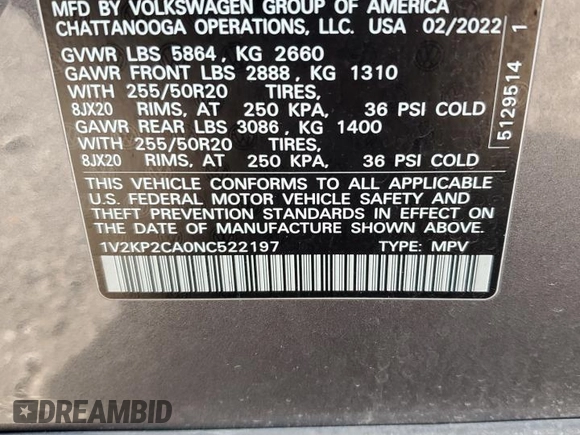 2022 Volkswagen Atlas SE with VIN 1V2KP2CA0NC522197, listed as a Copart auction lot 69316214 with 29,356 mi miles and Salvage title. Bid and sale history available at DreamBid. Image 13.