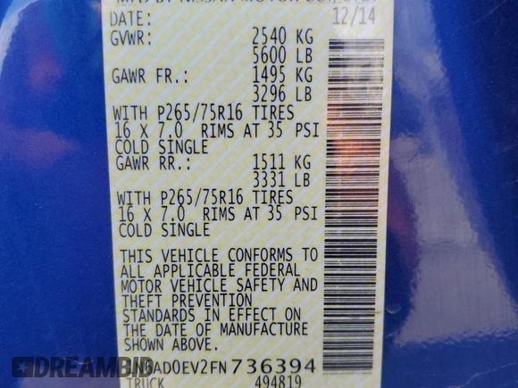 2015 Nissan Frontier Pro-4X with VIN 1N6AD0EV2FN736394, listed as a Copart auction lot 53916455 with 116,801 mi miles and Salvage title. Bid and sale history available at DreamBid. Image 12.