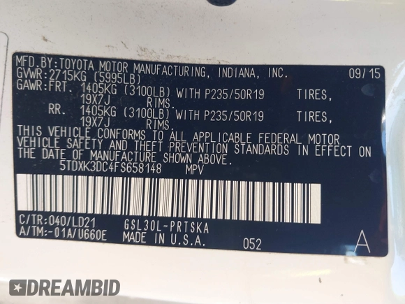 2015 Toyota Sienna SE with VIN 5TDXK3DC4FS658148, listed as a IAAI auction lot 41601341 with 110,329 mi miles. Bid and sale history available at carsss.com. Image 9.