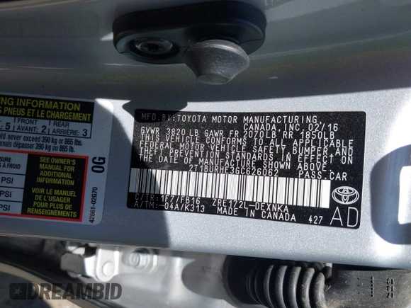 2016 Toyota Corolla L with VIN 2T1BURHE3GC626062, listed as a IAAI auction lot 42119885 with 62,586 mi miles and . Bid and sale history available at DreamBid. Image 9.