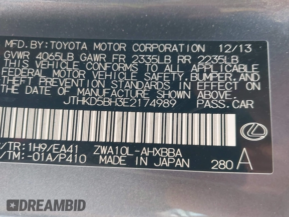 2014 Lexus CT 200h with VIN JTHKD5BH3E2174989, listed as a IAAI auction lot 42719369 with 180,603 mi miles and . Bid and sale history available at DreamBid. Image 9.