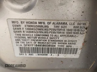 2005 Honda Pilot EX with VIN 5FNYF18485B038504, listed as a IAAI auction lot 42014126 with 178,821 mi miles. Bid and sale history available at carsss.com. Image 9.