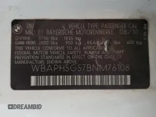 2011 BMW 3 Series 328i with VIN WBAPH5G57BNM76108, listed as a Copart auction lot 54258655 with Not Provided miles and Clean Title. Bid and sale history available at carsss.com. Image 12.