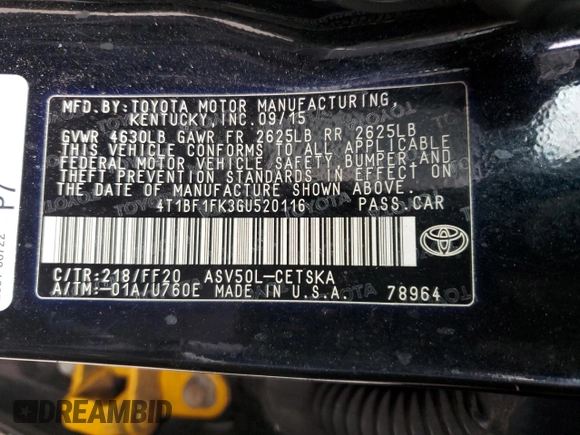 2016 Toyota Camry XLE with VIN 4T1BF1FK3GU520116, listed as a Copart auction lot 52785405 with 242,237 mi miles and Clean Title. Bid and sale history available at DreamBid. Image 12.