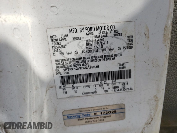 2006 Ford F-150 XL with VIN 1FTRF12W76NA99635, listed as a Copart auction lot 53810195 with 383,629 mi miles and Clean title. Bid and sale history available at DreamBid. Image 13.