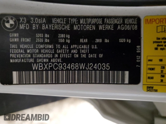 2008 BMW X3 3.0si with VIN WBXPC93468WJ24035, listed as a Copart auction lot 46179645 with 264,916 mi miles and Salvage Title. Bid and sale history available at carsss.com. Image 13.