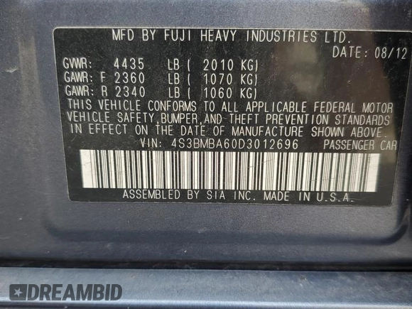 2013 Subaru Legacy 2.5i with VIN 4S3BMBA60D3012696, listed as a Copart auction lot 63797615 with 43,768 mi miles and Salvage title. Bid and sale history available at DreamBid. Image 12.