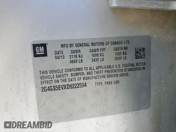 2013 Buick Regal Turbo Premium 1 с VIN 2G4GS5EVXD9222594, выставлен на аукционе Copart как лот 54777385 с пробегом 134 908 миль миль и Списание • Salvage title. История ставок и продаж доступна на DreamBid. Изображение 12.
