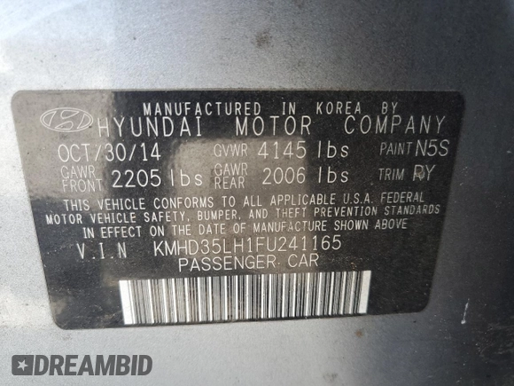 2015 Hyundai Elantra with VIN KMHD35LH1FU241165, listed as a Copart auction lot 76414174 with Not Provided miles and Salvage Title. Bid and sale history available at DreamBid. Image 13.