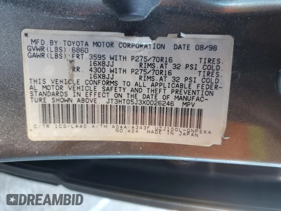 1999 Toyota Land Cruiser with VIN JT3HT05J3X0026246, listed as a Copart auction lot 81826974 with 0 mi miles and Salvage Title. Bid and sale history available at carsss.com. Image 13.